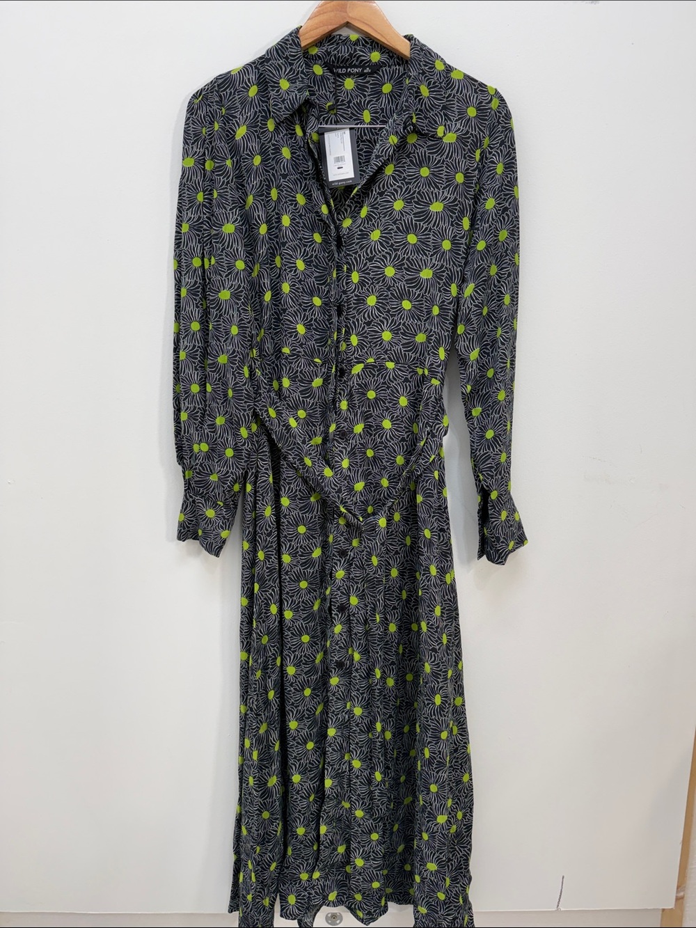Wild Pony Women's Black Floral Print Button-Front Dress with Green Accents